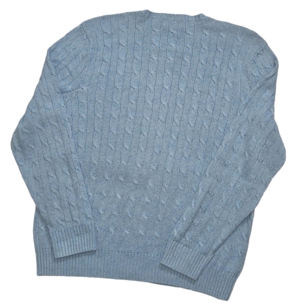 Polo | 100% Silk Tussah | Logo Embroidered Cable-Knit Sweater | Men's | Blue - Picture 4 of 9